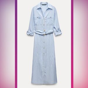 NWT ZARA Striped Blue Linen Shirt Dress Size XS